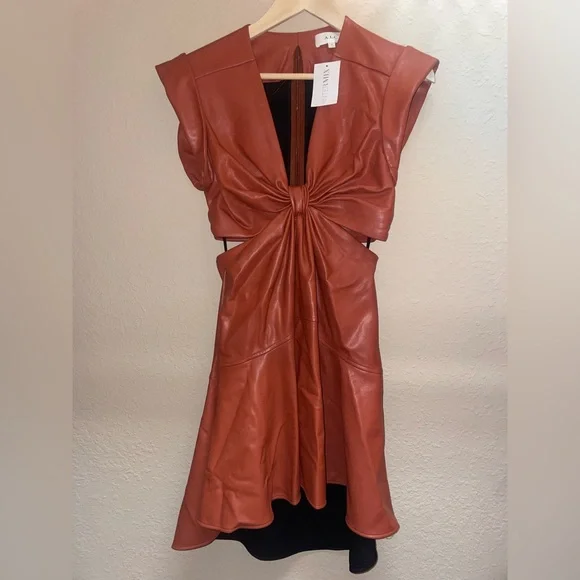 A.L.C Lexi orange or brown vegan leather v neck cutout mini dress - Picture 6 of 12